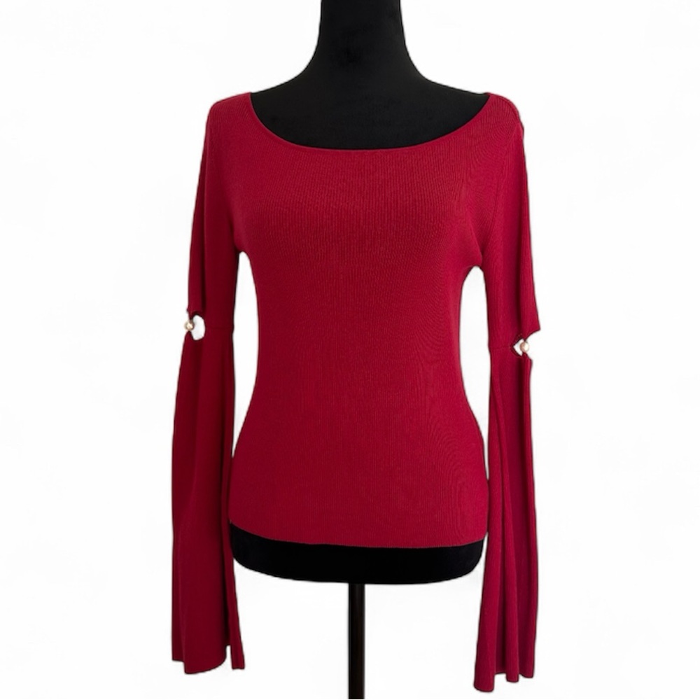 ADEAM Red Long Sleeve Top with Cut-Out Pearl on Sleeve Details